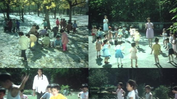 70年80年代老师带小朋友做游戏奔跑玩耍