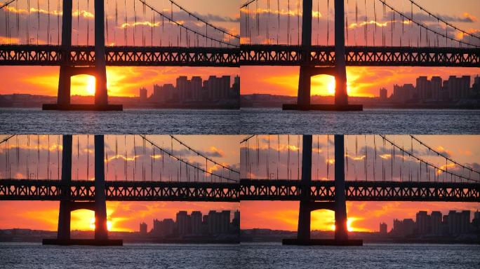 钢结构桥日落夕阳海上建筑