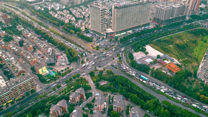 义乌城市十字路口车流日转夜航拍延时