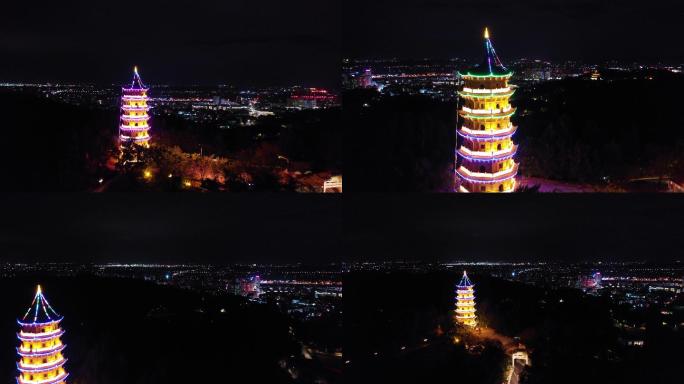 福建惠安莲花塔亮灯的璀璨夜景航拍