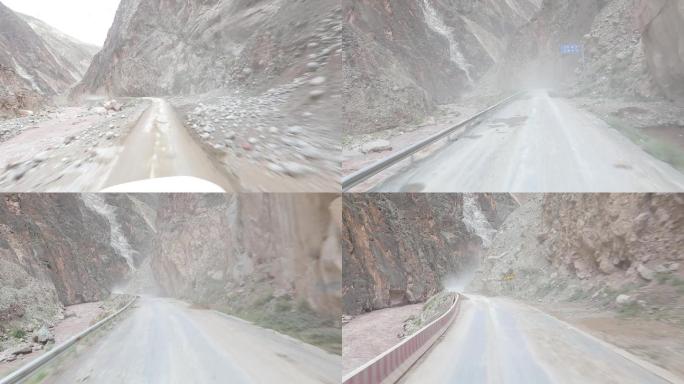 西藏318国道怒江段道路崎岖塌方开车穿行