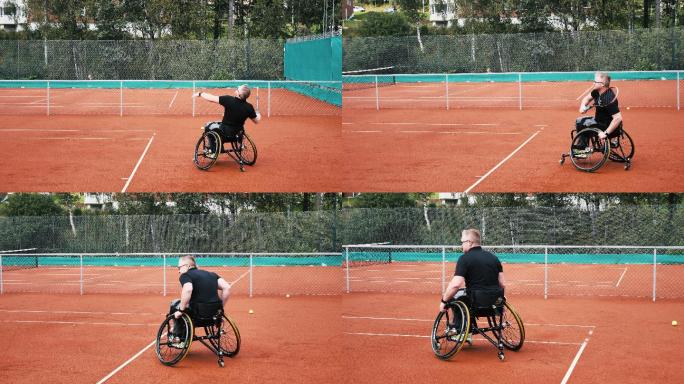 两名做轮椅男子在户外打网球