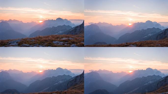 在夕阳的照耀下可以看到五彩缤纷的层状山脉