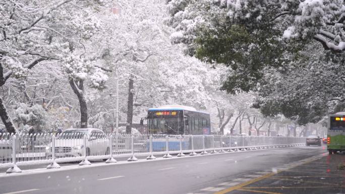 冰雪天气道路行驶的汽车车流