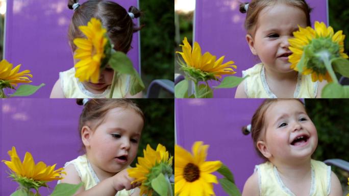 小女孩与向日葵国外小宝宝玩花朵菊花花园玩