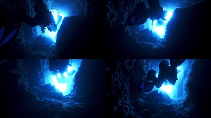 水下洞穴海底世界背景深海鱼群各种热带鱼
