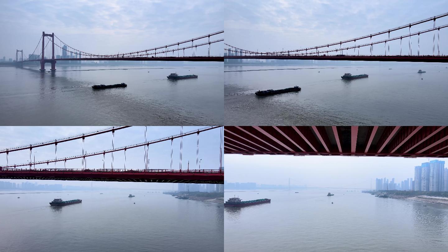 航拍江面无人机穿过鹦鹉洲长江道大桥桥底
