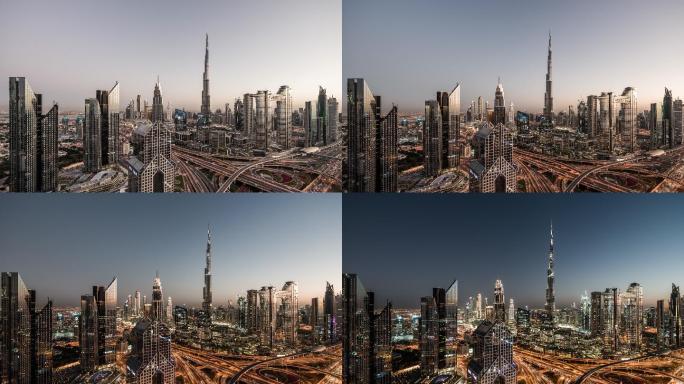 迪拜天际线航拍日转夜金融中心发达国家