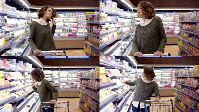 在超市里，年轻女子在货架上选择商品