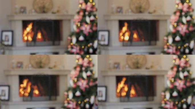 壁炉旁的圣诞树烧火取暖能源危机烧柴火