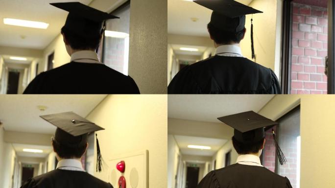 大学毕业的年轻人学士帽向前走背影