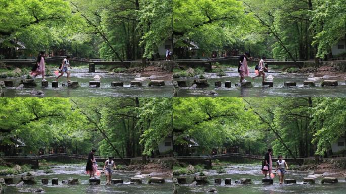 春天五泄溪水瀑布绿树游客原素材