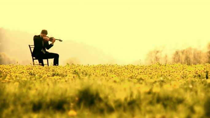一个年轻人坐在户外拉小提琴。
