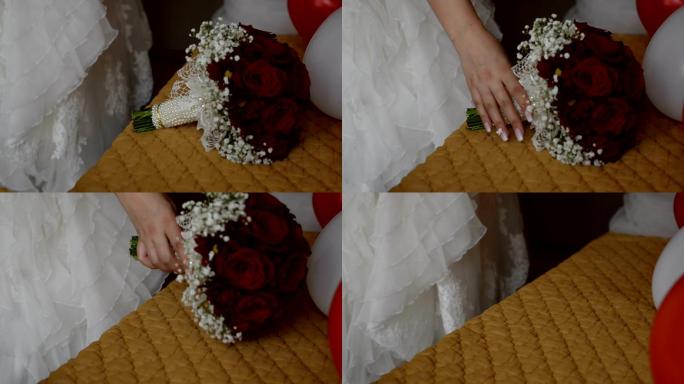 年轻的新娘在结婚那天捧着一束花