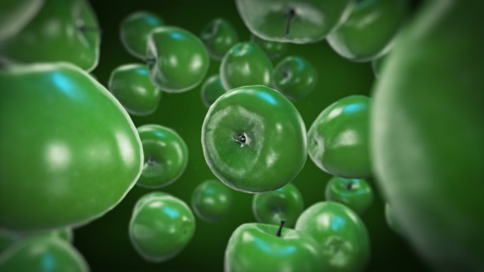 3D新鲜水果绿苹果，4K动画慢动作