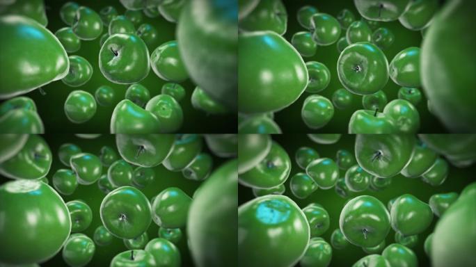 3D新鲜水果绿苹果，4K动画慢动作