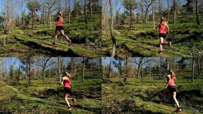 在森林里跑跳远奔跑体能锻炼户外
