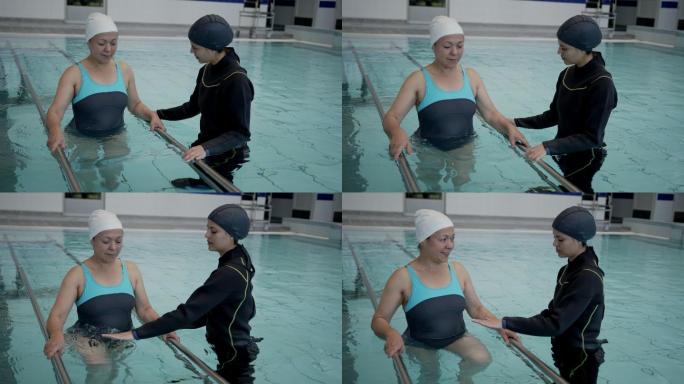 在游泳池里做康复训练的女人