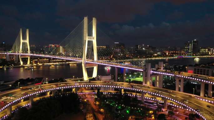 上海南浦大桥航拍日落夜景风光