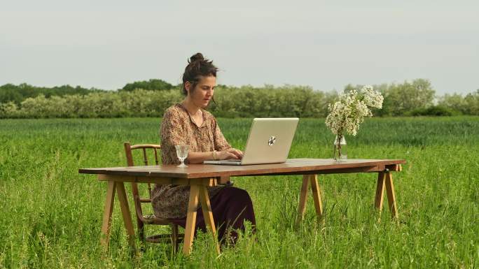 美丽的女子在田野里使用电脑。