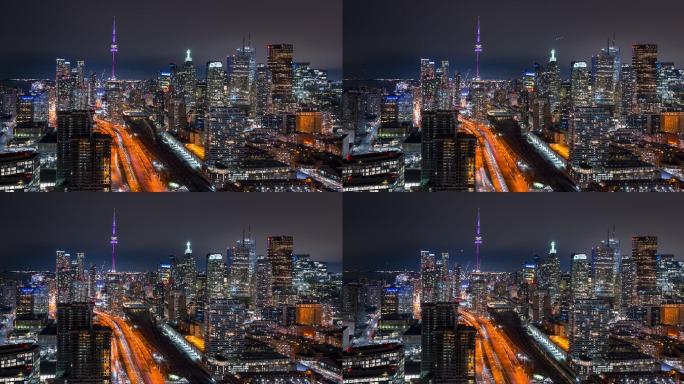 多伦多夜晚的交通加拿大大景全景城市地标建