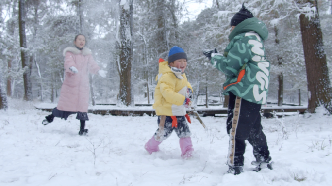 一家人在雪地里开心打滚打雪仗