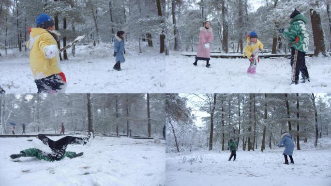 一家人在雪地里开心打滚打雪仗