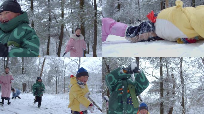 可爱小孩在雪地里开心打滚