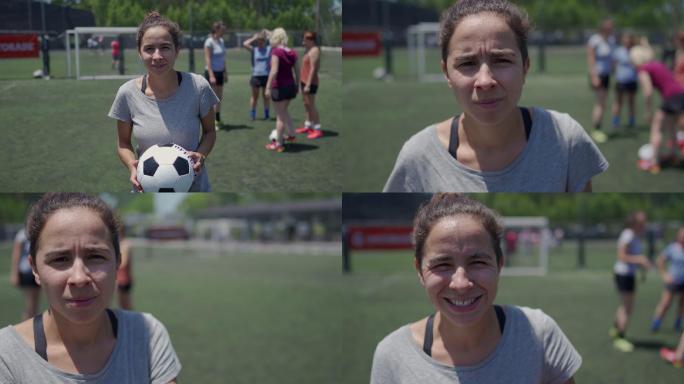 女子足球运动员在训练足球