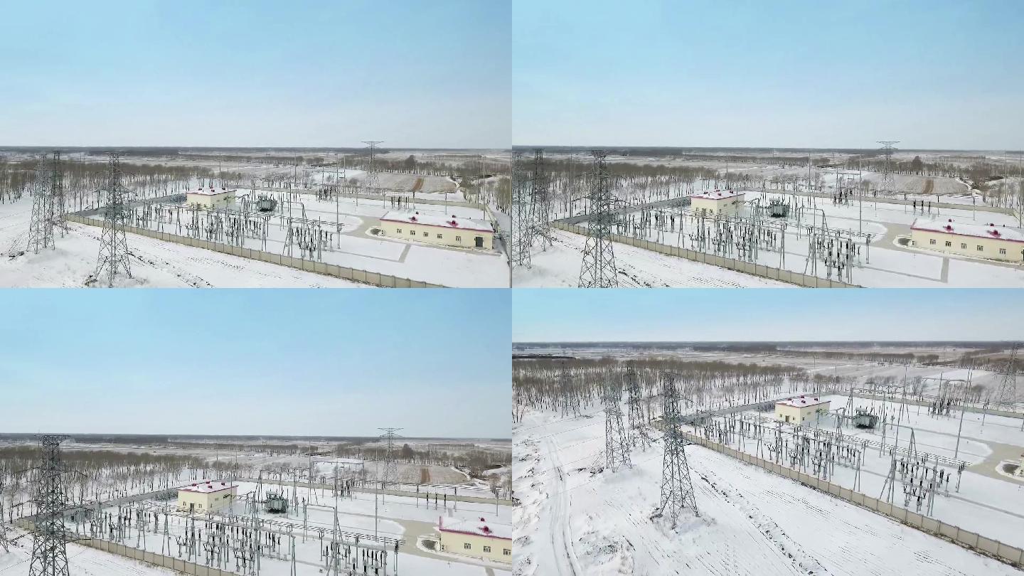 东北冬季皑皑白雪下的输电站航拍