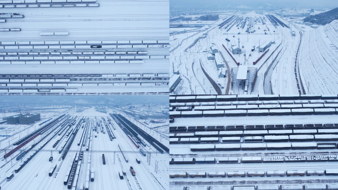 实景航拍雪景火车编组站货运停靠点4K