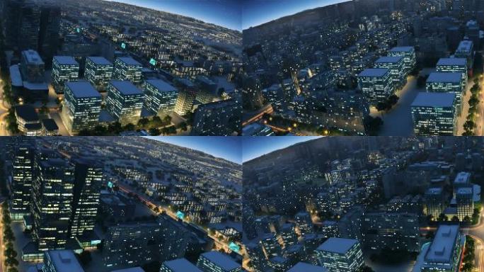 日落3D未来之城 虚构城市 夜景未来城市