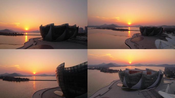 徐州航拍 夕阳下的云龙湖 音乐厅