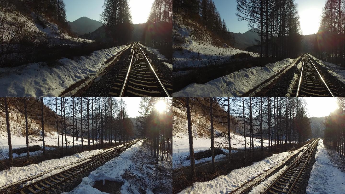 铁轨、树林、雪景、冬季、阳光