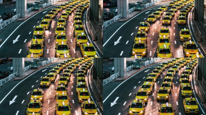 繁忙的黄色出租车在机场出口排队
