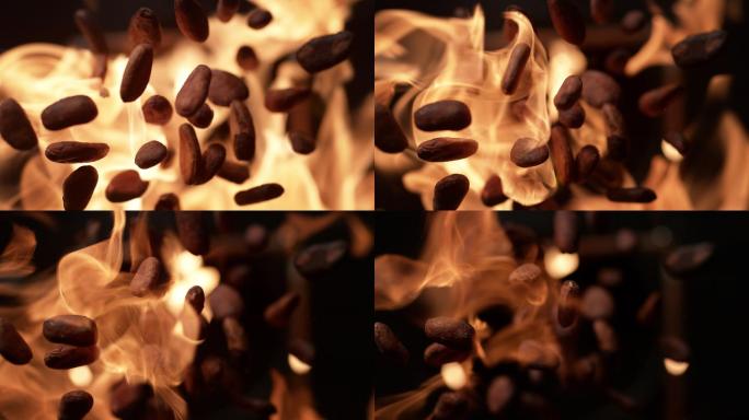 在火焰上烘烤的可可豆