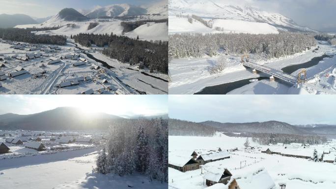 季雪景新疆喀纳斯禾木村午后航拍4K镜头