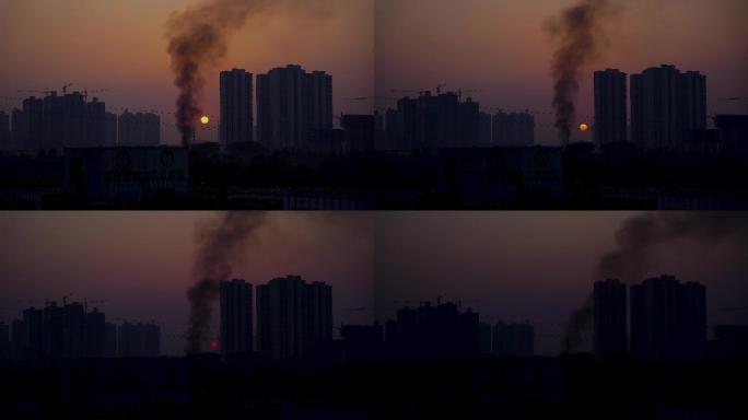 夕阳西下 城市日落 空气污染
