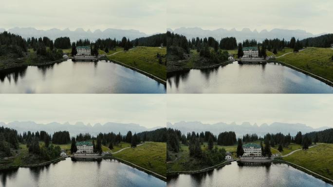 瑞士阿尔卑斯湖附近建筑的风景鸟瞰图