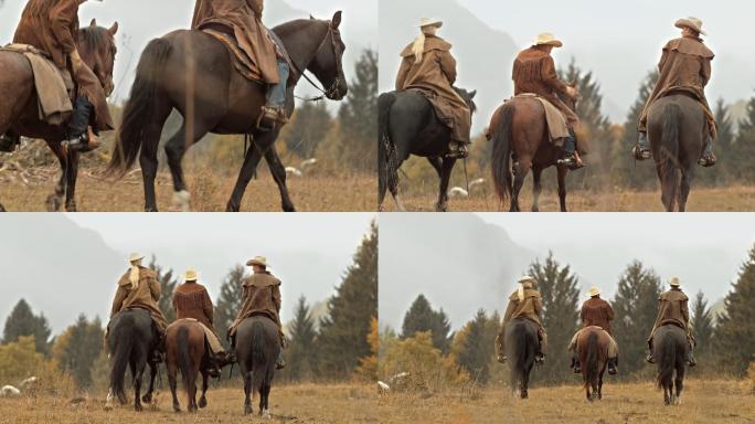 三个牧场主骑着马穿过草地时谈话