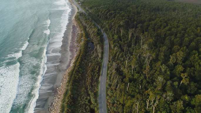 穿越原生森林和海洋的道路俯视图。