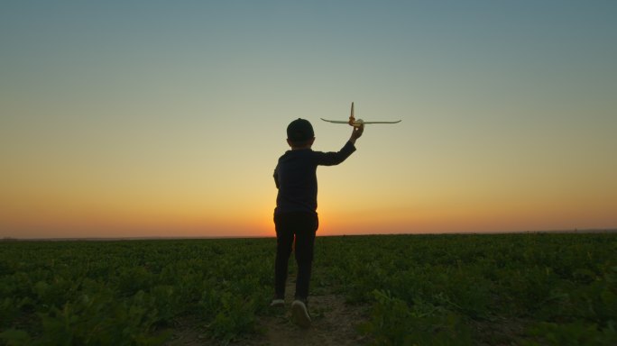 一个手里拿着玩具飞机的小男孩正穿过田野。