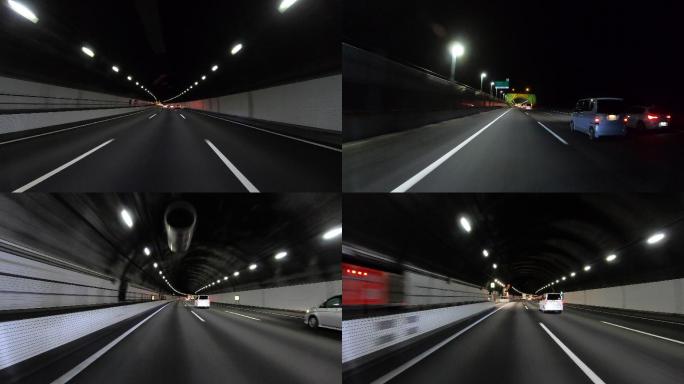 在公路上夜间驾驶穿梭第一视角快速变道
