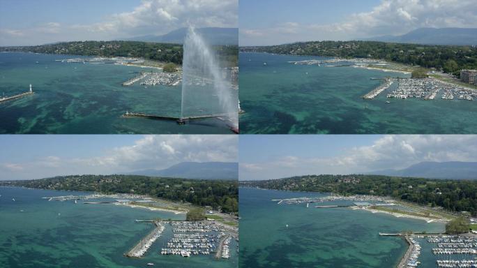 瑞士日内瓦风景航拍视频喷泉海岸线