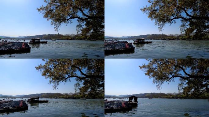 西湖边上的船舶搭载客人高清延时摄影