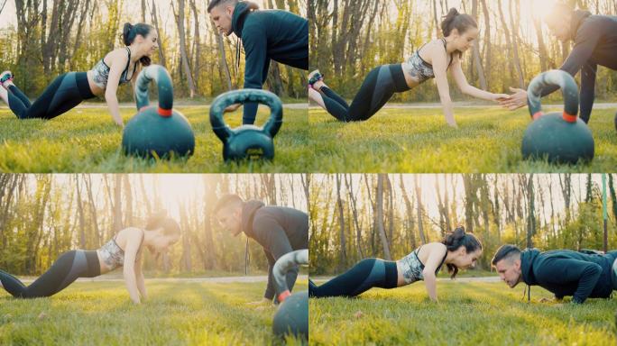 在草地上做俯卧撑运动健身锻炼有氧慢跑欧美