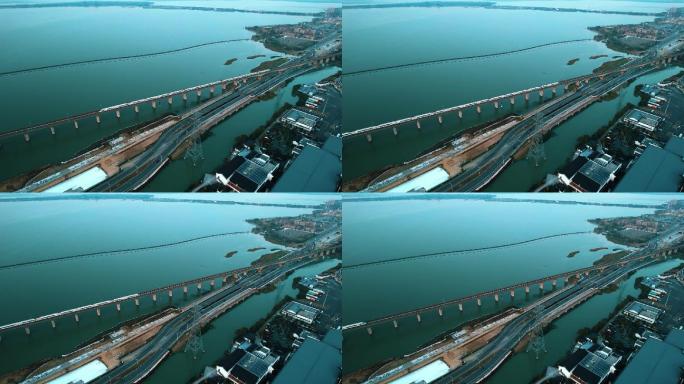 江苏京沪高速阳澄湖服务区高铁通过航拍视频