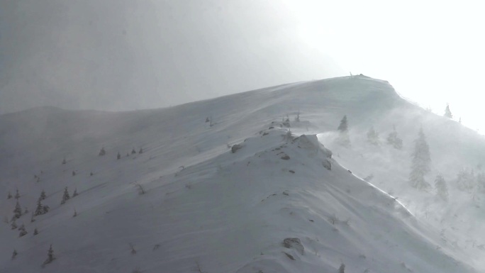 在冬季的暴风雪中，高速风将雪从山脊吹走