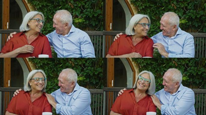 花园里快乐微笑的老年夫妇的慢镜头