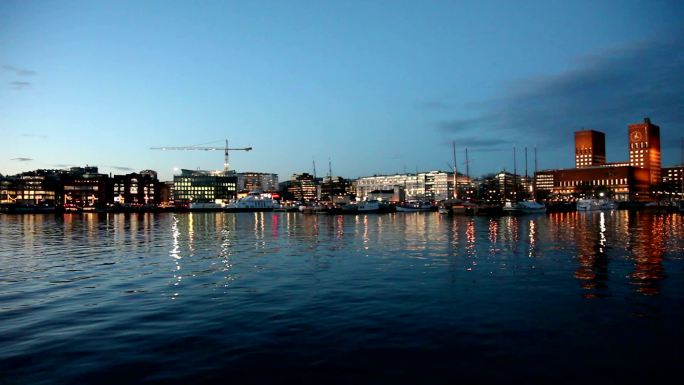 奥斯陆港。夜景口岸城市西方国家旅游旅行
